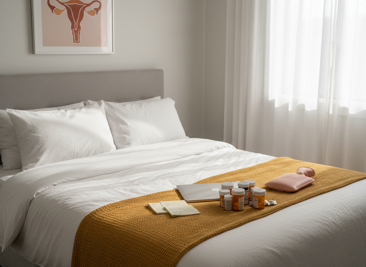 A neatly made bed with crisp white linen and a single mustard-yellow throw blanket folded at the foot fills the frame, photographed from a slightly elevated angle. On top of the blanket sits a small stack of medical note cards and a closed laptop, surrounded by a cluster of amber pill bottles and a hot water bottle in soft blush rubber. Above the bed’s headboard, a minimalist abstract print suggests the curved shape of a uterus using flowing lines and warm earth tones. Morning light filters through sheer curtains, casting diffused, hopeful brightness across the scene. The composition balances order and vulnerability, in a clean, modern, photographic style that echoes life lived from bed while navigating endometriosis and adenomyosis.