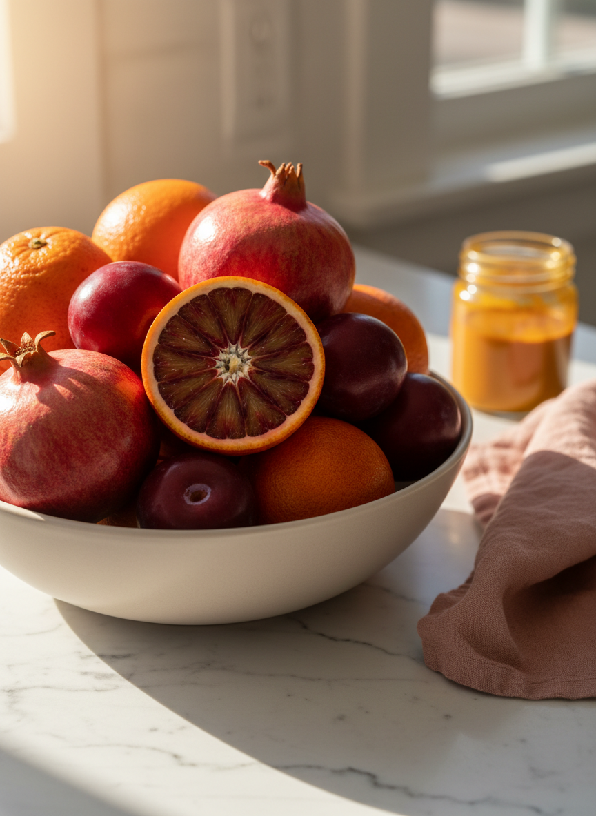 A close-up, photographic view of a smooth, pale ceramic bowl filled with ripe blood oranges, pomegranates, and deep red plums sits on a marble kitchen counter. One orange is cut open, revealing its intricate, vein-like segments, echoing the complexity of internal anatomy. A folded, soft cotton napkin in dusty rose rests nearby, and a small glass jar of turmeric and ginger tea concentrate glows amber in the background. Golden hour sunlight pours in from the left, creating bright highlights on the fruit’s glossy skins and long, gentle shadows across the counter. Shot with a shallow depth of field and rule-of-thirds composition, the mood is sensuous, playful, and quietly defiant—celebrating appetite, nourishment, and living fully within a tender, often painful body.