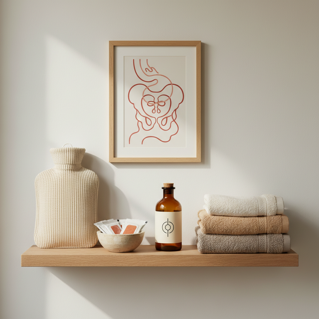 A minimalist bathroom shelf in photographic realism, captured straight-on, holds a curated row of self-care items: a wheat-colored hot water bottle, a small stoneware dish of heat patches, an amber glass bottle labeled only with a simple circle icon, and a stack of plush, folded towels in warm neutrals. Above the shelf, a framed, abstract line drawing suggests a pelvic shape without literal detail, using looping, playful curves in soft coral and rust. Soft overcast daylight enters from an unseen window, creating even, flattering light and faint, calm shadows. The composition is clean and centered, with empty negative space around the objects, conveying a sense of quiet readiness, bodily advocacy, and deliberately gentle attention to chronic pelvic pain.