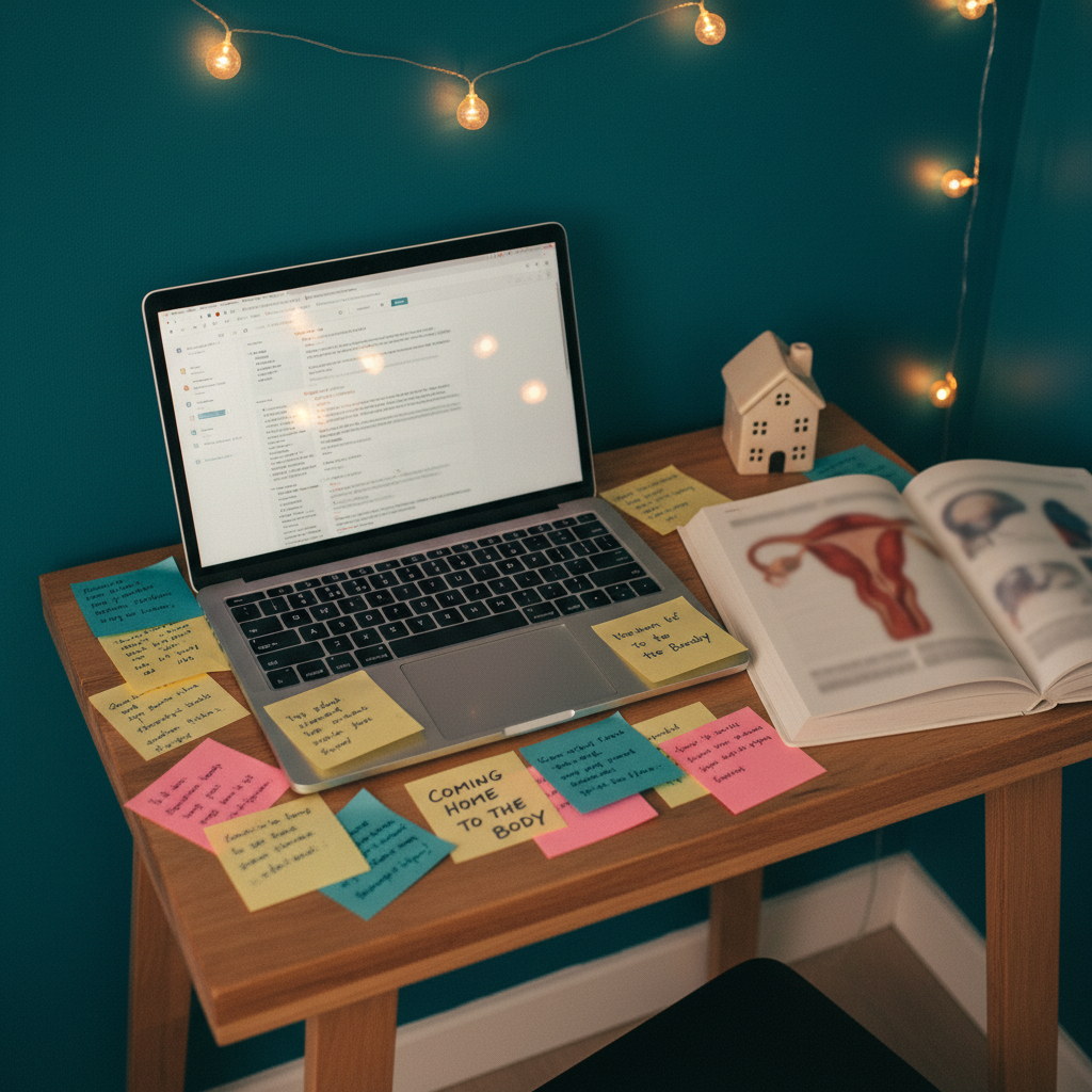 An overhead photographic shot of a small writing nook shows a natural wood table pushed against a wall painted in a deep, enveloping teal. On the table, a laptop screen displays a blurred blog draft interface, surrounded by scattered sticky notes, each bearing tiny, illegible scribbles. Beside the laptop lies an open anatomy reference book, its diagrams of reproductive organs reduced to soft, out-of-focus shapes, and a small ceramic figurine of a house, symbolizing coming home to the body. A string of warm fairy lights frames the upper edge of the scene, their bokeh glow reflected faintly in the laptop screen. Evening light mixes with the amber bulbs, creating a cozy, introspective, yet playful atmosphere of personal storytelling about life with endometriosis and adenomyosis.